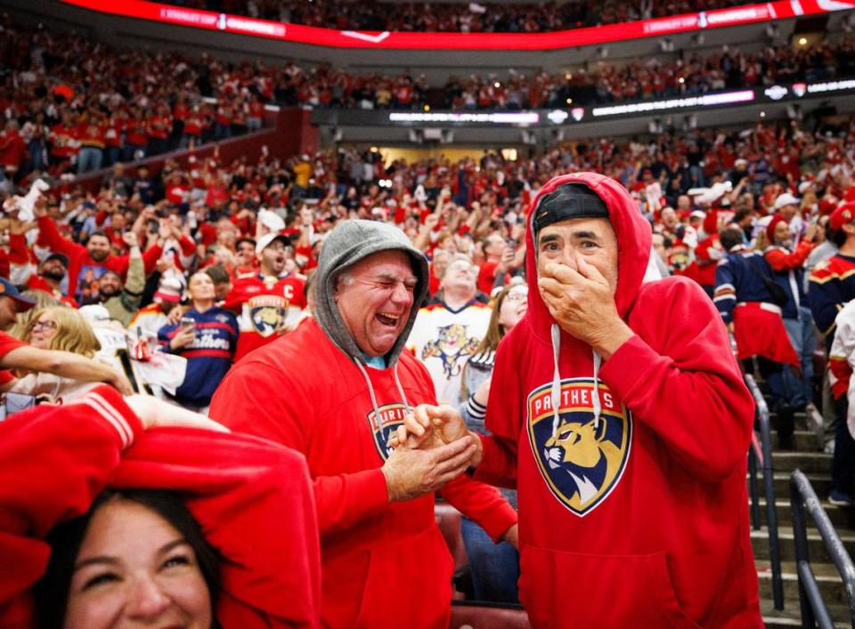 Fans cry after the Florida Panthers won Game 7 of the NHL Stanley Cup Final against the Edmonton Oilers.