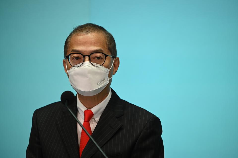 Lo Chung-mau, Secretary for Health during a press conference on September 23, 2022 in Hong Kong, China, the Hong Kong government announced that it is relaxing its border restrictions to a 0+3 policy, which is zero days of hotel quarantine and 3 days of restricted movement by yellow health code. (Photo by Vernon Yuen/NurPhoto via Getty Images)