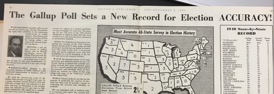 In 1940, Gallup crowed about the accuracy of its polling in an ad in the newspaper industry publication Editor & Publisher. Screenshot, Editor & Publisher, 11/9/1940