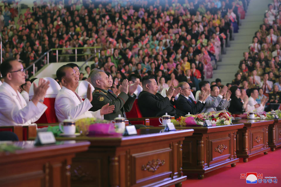In this photo provided by the North Korean government, North Korean leader Kim Jong Un, fourth left, Russian Defense Minister Sergei Shoigu, third left, and China's Vice Chairman of the standing committee of the country’s National People’s Congress Li Hongzhong, fifth left, watch a performance to mark the 70th anniversary of the armistice that halted fighting in the 1950-53 Korean War, in Pyongyang, North Korea Thursday, July 27, 2023. Independent journalists were not given access to cover the event depicted in this image distributed by the North Korean government. The content of this image is as provided and cannot be independently verified. Korean language watermark on image as provided by source reads: "KCNA" which is the abbreviation for Korean Central News Agency. (Korean Central News Agency/Korea News Service via AP)