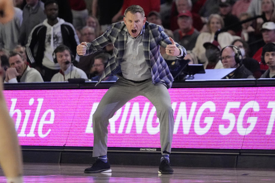 Alabama head coach Nate Oats reacts in the second half of an NCAA college basketball game against Georgia Wednesday, Jan. 31, 2024, in Athens, Ga. (AP Photo/John Bazemore)