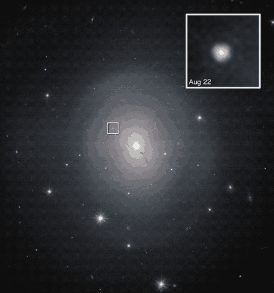 Astronomers have captured both the gravitational waves and light produced by a single event, the merger of two neutron stars. The change in light can be seen over the course of a few days in the top right inset. <a href="https://www.nasa.gov/press-release/nasa-missions-catch-first-light-from-a-gravitational-wave-event" rel="nofollow noopener" target="_blank" data-ylk="slk:Hubble Space Telescope, NASA and ESA;elm:context_link;itc:0;sec:content-canvas" class="link ">Hubble Space Telescope, NASA and ESA</a>