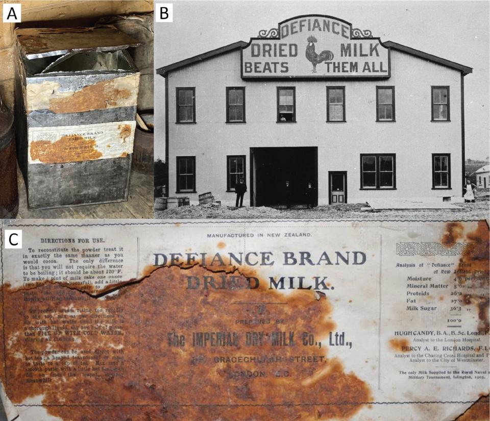 The photo on the top left (A) shows the tin-plated can of Defiance brand dried milk found in Shackleton’s Cape Royds base camp hut, with a close-up label in the bottom photo (C) (courtesy of the Antarctic Heritage Trust, Christchurch, New Zealand). The top-right photo (B) is of the Joseph Nathan & Sons Bunnythorpe Defiance Dried Milk Factory circa 1904 (courtesy of Massey University, Palmerston North, New Zealand).