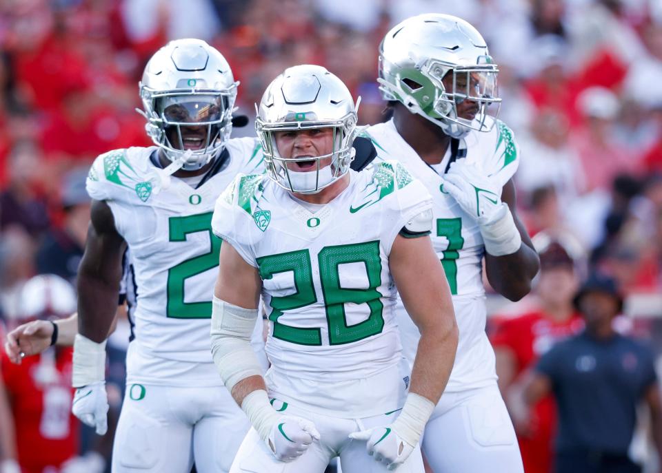 Oregon linebacker Bryce Boettcher (28) celebrates a sack against Texas Tech during the first half of an NCAA college football game, Saturday, Sept. 9, 2023, in Lubbock, Texas.
