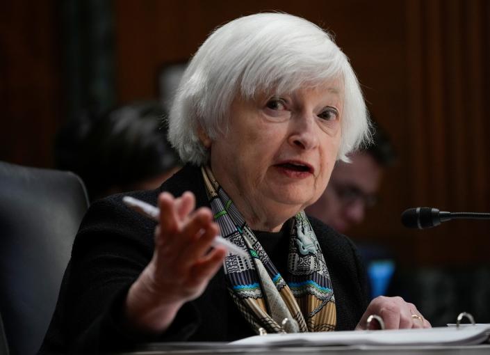 Treasury Secretary Janet Yellen testifies in front of the Senate Committee on Finance on President Biden&#39;s 2024 budget, on March 16, 2023.