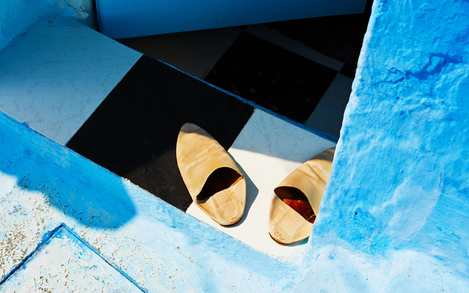 <p>Babouche are traditional Moroccan leather slippers with no heel. Visitors can purchase these slippers at tanneries in Fez or souks in Chefchaouen.</p>