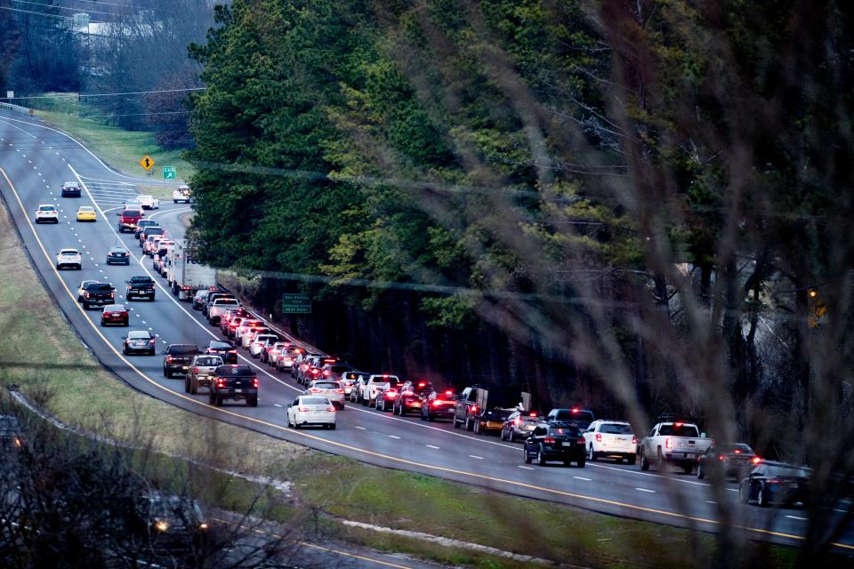 The Hardin Valley Road exit on Pellissippi Parkway is dangerously backed up into the right hand shoulder during rush hour on Tuesday, January 15, 2019.