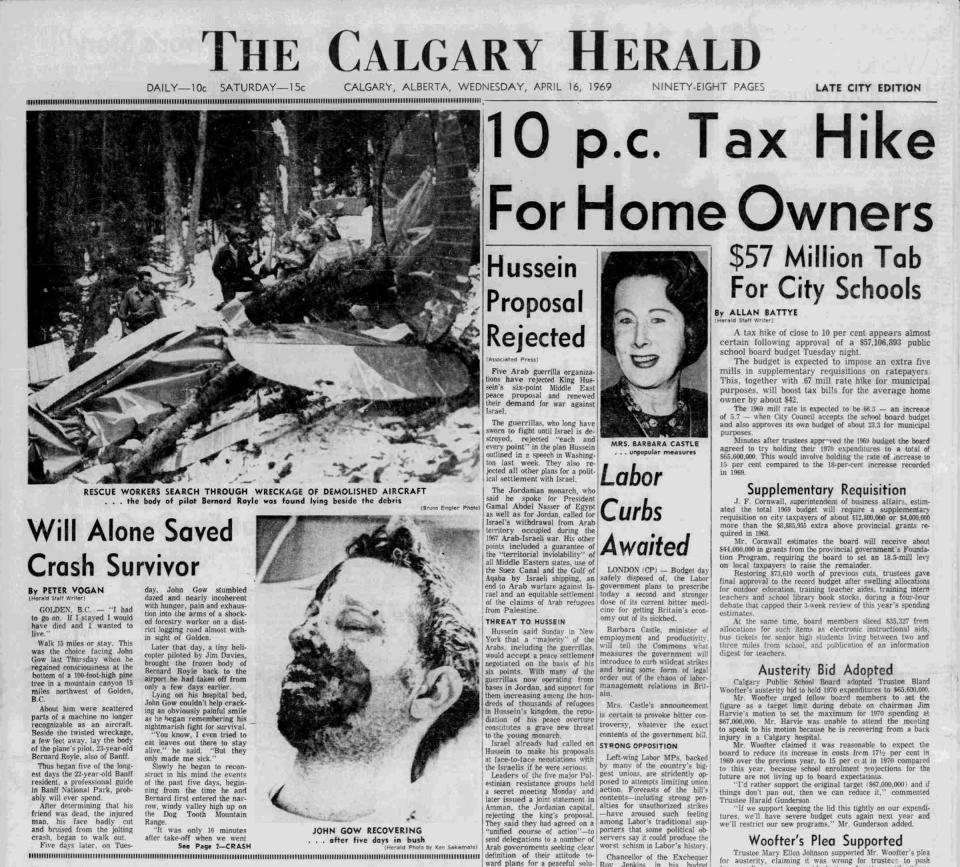 The front page of The Calgary Herald (cropped), April 16, 1969<span class="copyright">Courtesy Glenbow Western Research Centre</span>