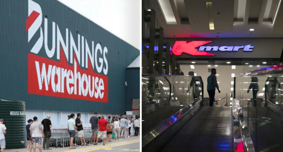 A photo of a Bunnings store and another of a Kmart store.