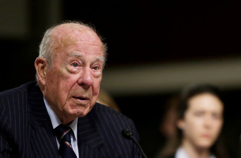 Former United States Secretary of State George Shultz testifies at the Senate Armed Services Committee on global challenges and U.S. national security strategy on Capitol Hill in Washington