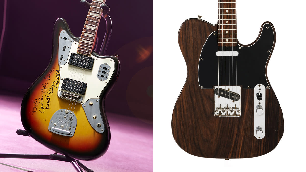  A Kurt Cobain-signed Fender Jaguar (left), Elvis Presley's Rosewood Fender Telecaster 