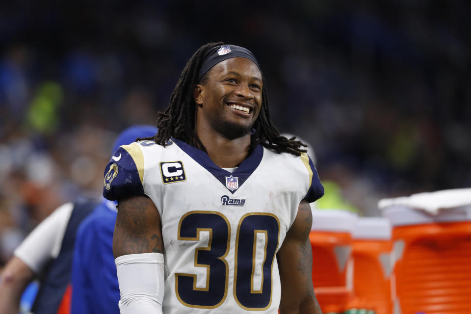 Los Angeles Rams running back Todd Gurley smile on the sidelines during an NFL football game against the Detroit Lions in Detroit, Sunday, Dec. 2, 2018. (AP Photo/Paul Sancya)