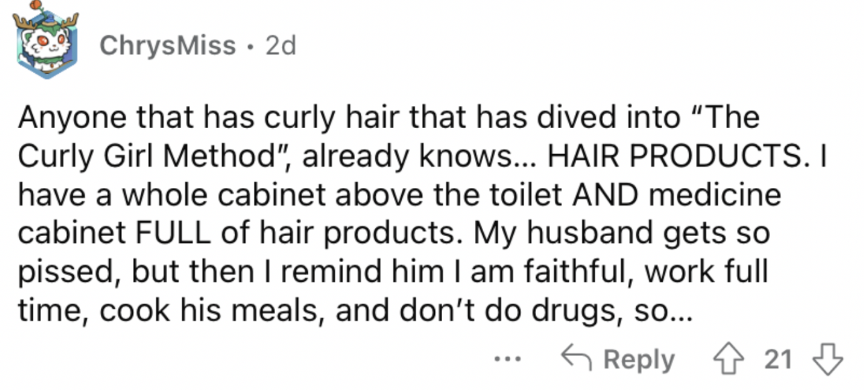 Reddit screenshot of someone talking about pricey curly hair supplies.