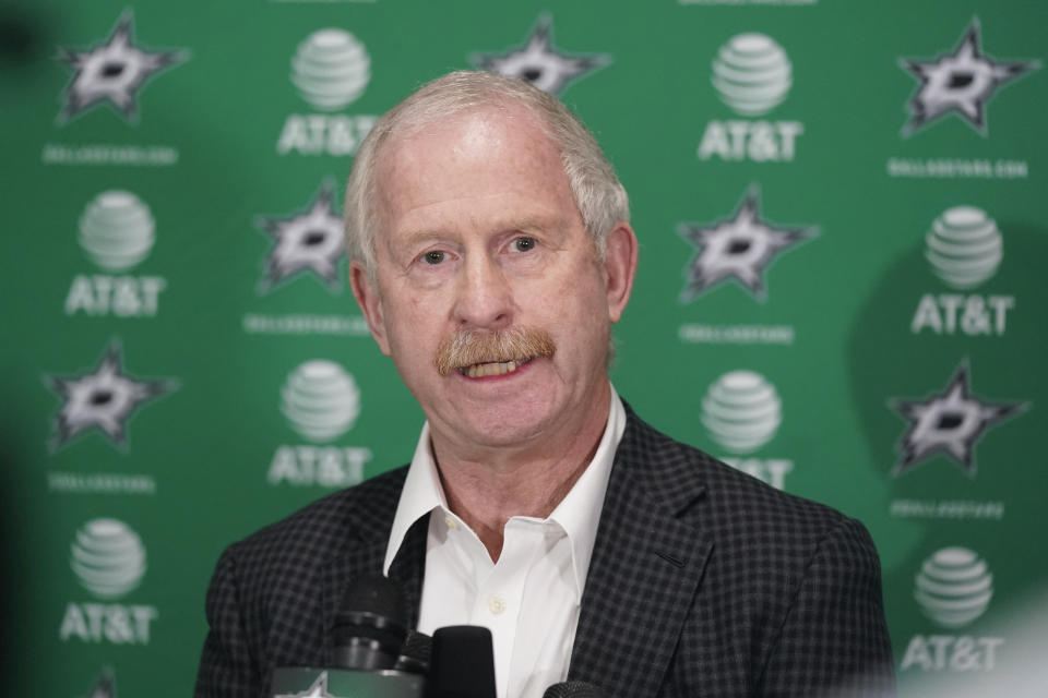 Dallas Stars general manager Jim Nill speaks to reporter about the NHL hockey season during a media availability at the team's headquarters in Frisco, Texas, Tuesday, May 17, 2022. (AP Photo/LM Otero)