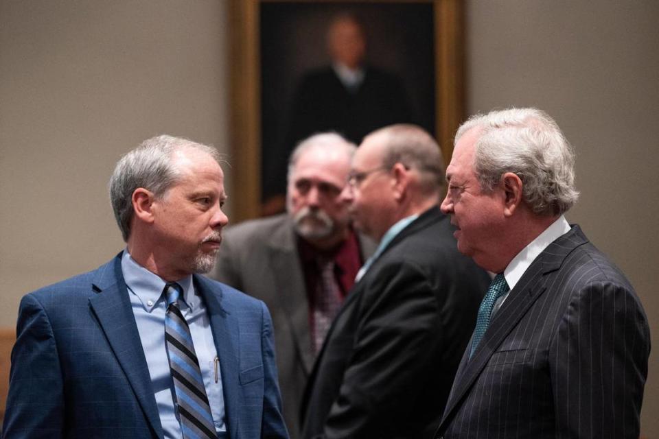 Prosecutor Creighton Waters speaks with defense attorney Dick Harpootlian before witness testimony continues during Alex Murdaugh’s trial for murder at the Colleton County Courthouse on Friday, January 27, 2023. Joshua Boucher/The State/Pool