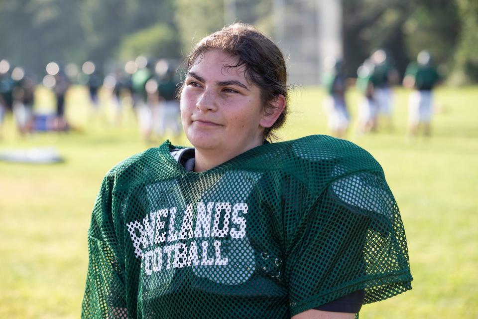 Pinelands Regional High School defensive lineman Holly Lucas prepares for the upcoming football season.  
Tuckerton, NJ
September 6, 2023