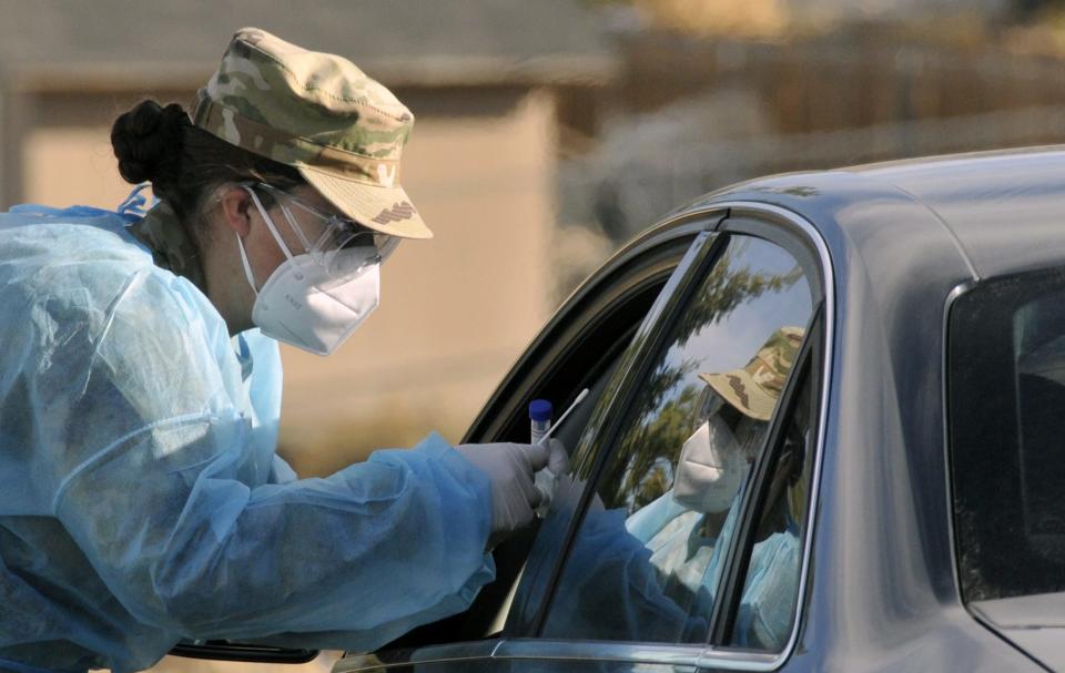 A Nevada Guard airman supports the Reno-Sparks Indian-Colony in Hungry Valley, Nev., on Nov. 12. Since the beginning of the Nevada National Guard’s coronavirus health response support in April, task forces have provided assistance at 10 tribal locations across Nevada with food distribution support and/or cmedical and logistical support for coronavirus testing.