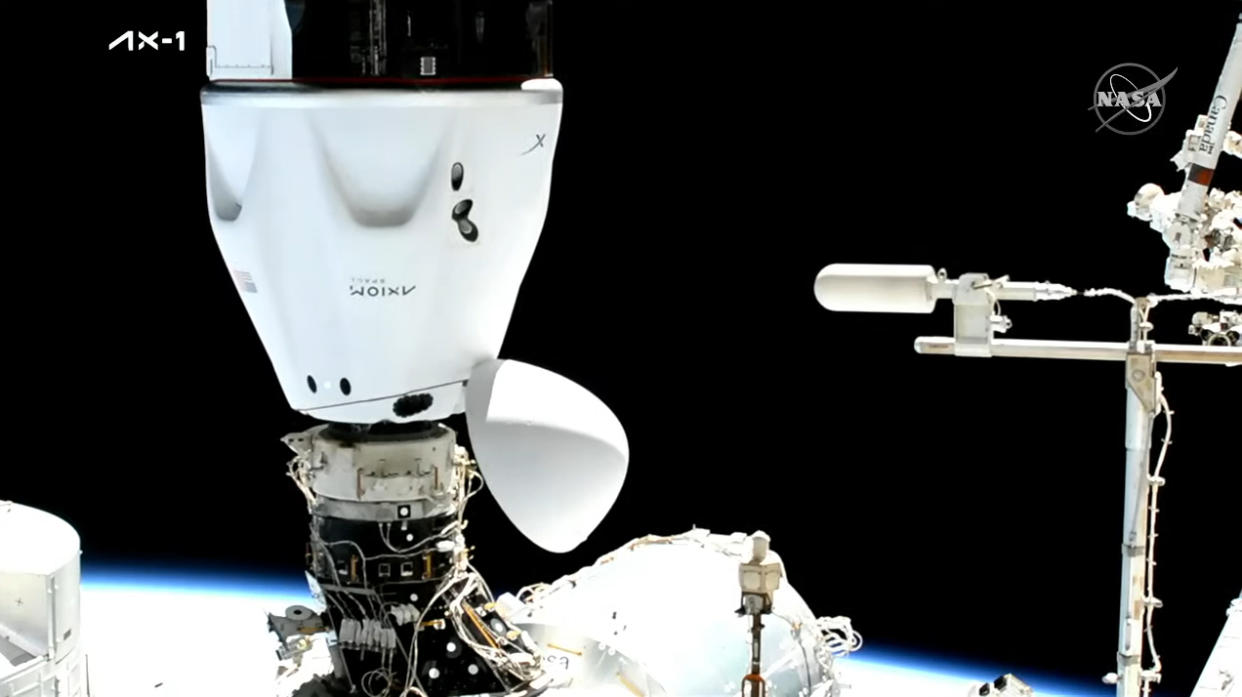  SpaceX's Crew Dragon Endeavour carrying the Ax-1 private astronaut crew for Axiom Space docks at the International Space Station on April 9, 2022. 