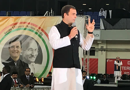 Rahul Gandhi, president of India's main opposition Congress Party, speaks at a rally ahead of October's 150th birth anniversary of Mahatma Gandhi, in Dubai, United Arab Emirates January 11, 2019. REUTERS/Abdelhadi Ramahi