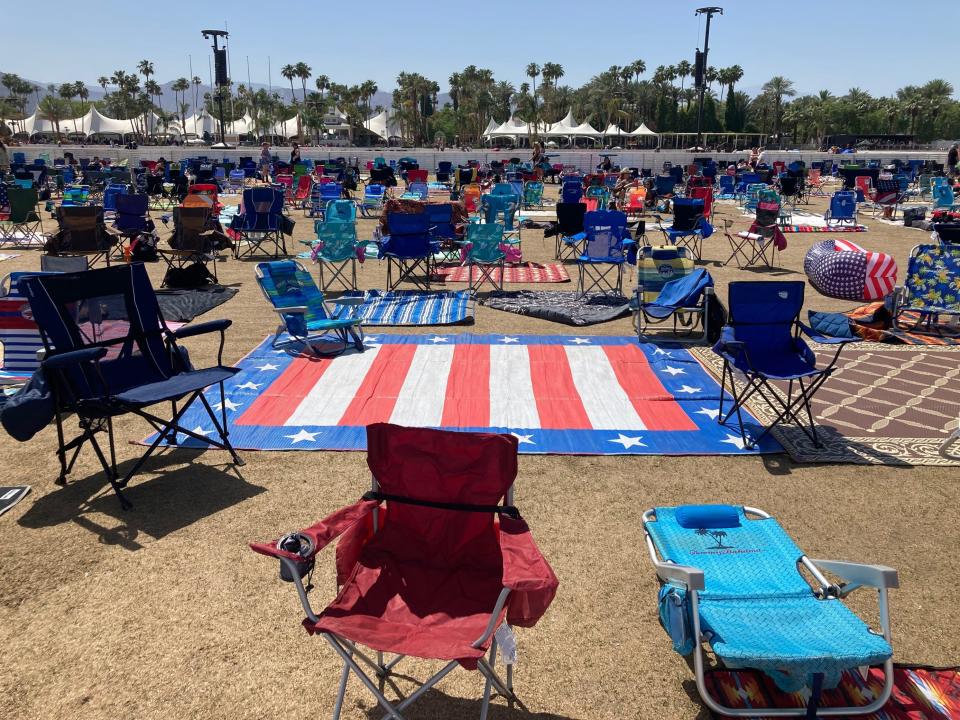 A sea of chairs sit unused but ready to party in the General Admission area near the Mane Stage at the Stagecoach country music festival in Indio, Calif., on Friday, April 29, 2022.