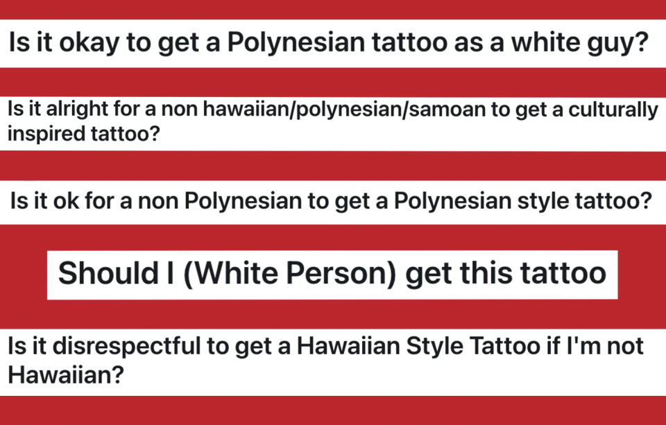 Text in image discussing cultural appropriation of Polynesian tattoos, asking if it's appropriate for non-Hawaiian/Polynesian individuals to get such tattoos