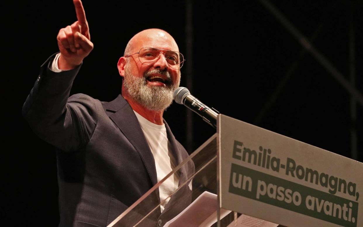 Emillia-Romagna Region Governor, and candidate Stefano Bonaccini speaks during the final rally  - REX