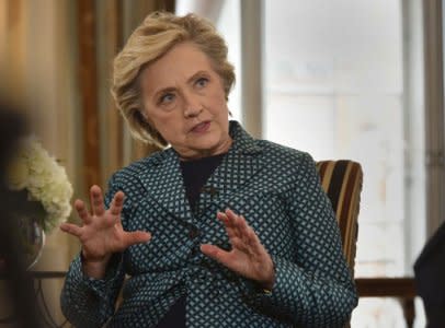 Former U.S. Secretary of State, Hillary Clinton is seen speaking, in this undated photograph received via the BBC, during an interview at Claridge's hotel for the BBC's Andrew Marr Show which was broadcast in London, Britain October 15, 2017.  Jeff Overs/BBC/Handout via REUTERS