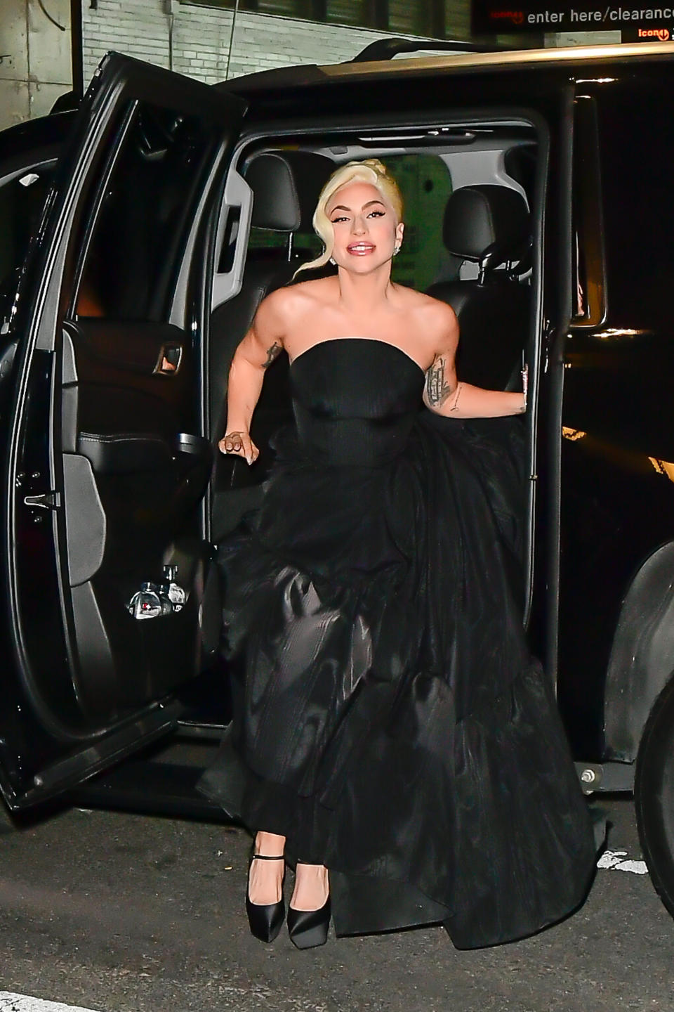 lady gaga shoes, platform pumps, Amina Muaddi Yigit Silk-Satin Platform Pumps