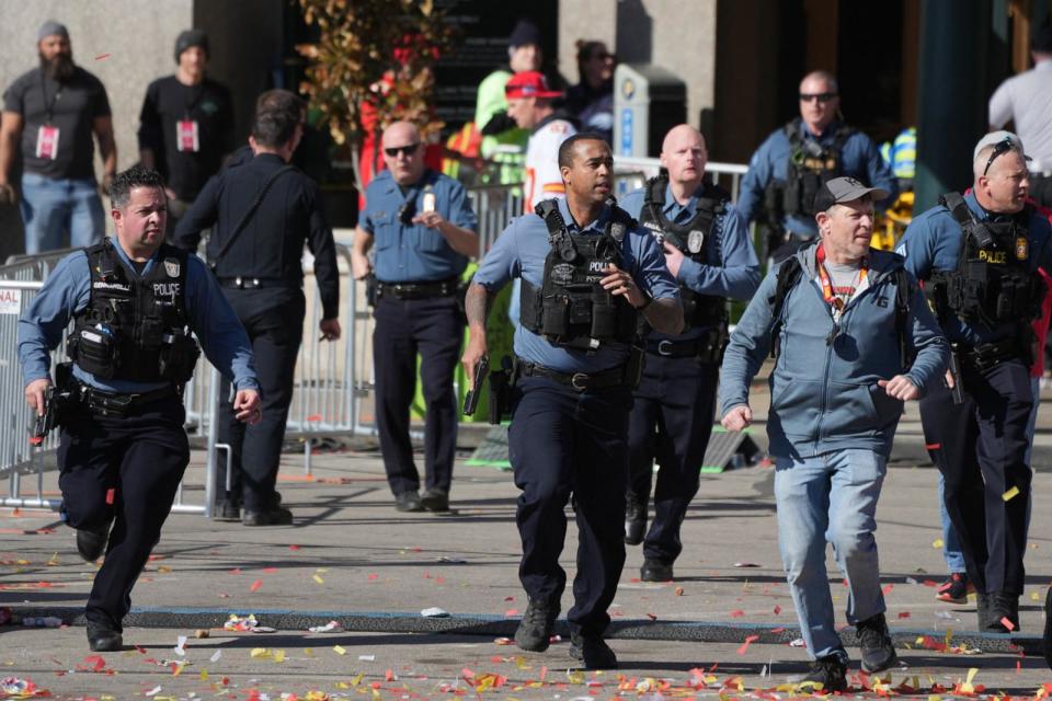 PHOTO: Police respond after gunshots were fired following a rally celebrating the Kansas City Chiefs winning Super Bowl LVIII in Kansas City, Mo., on Feb. 14, 2024. (Kirby Lee/USA TODAY Sports via Reuters)