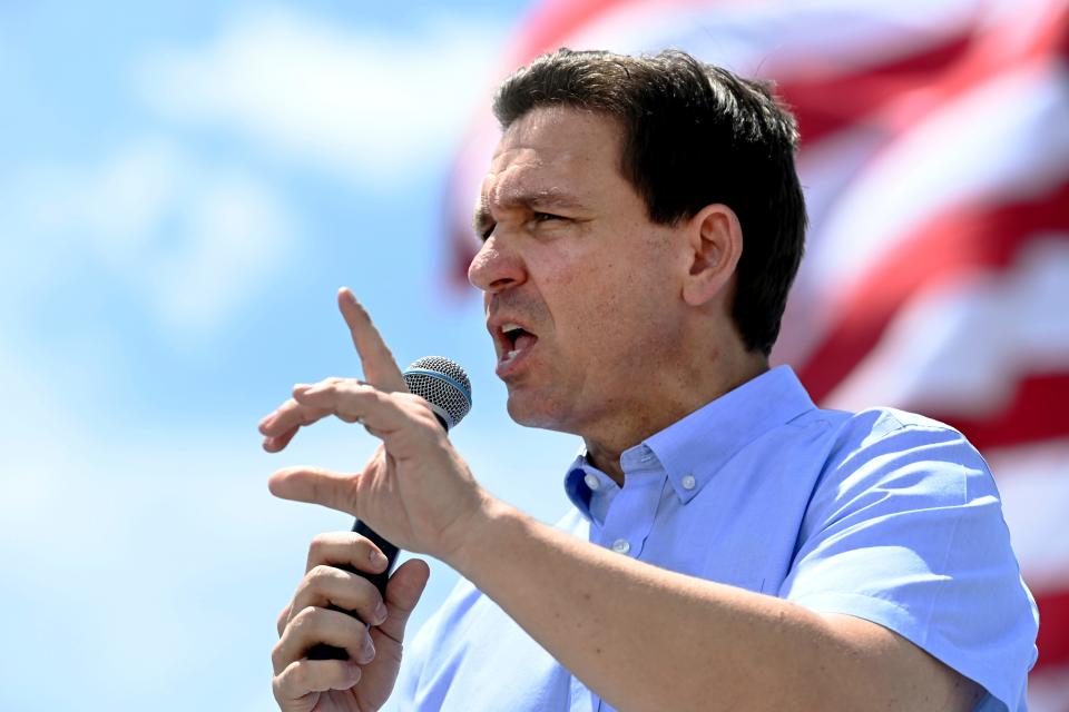 Republican presidential candidate Florida Gov. Ron DeSantis speaks at an annual Basque Fry at the Corley Ranch in Gardnerville, Nev., on June 17.