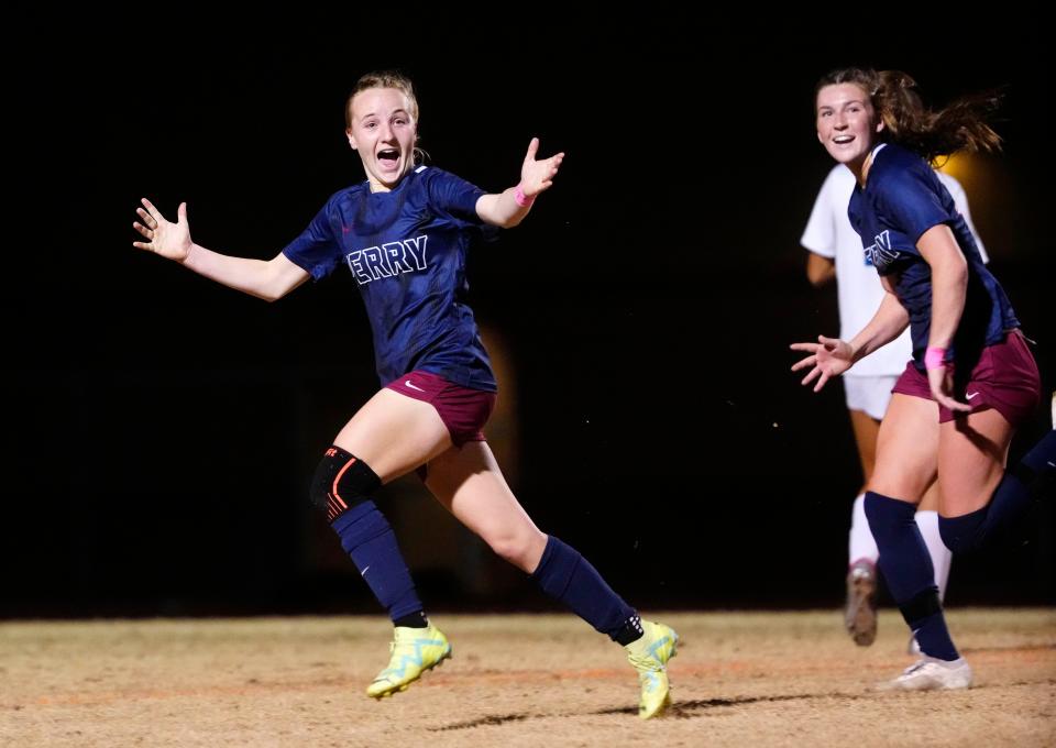 Jan. 25, 2024; Gilbert, Ariz; USA; Perry midfielder Saydie Herbert (12) reacts to scoring a goal against Xavier Prep during a game at Perry High School.