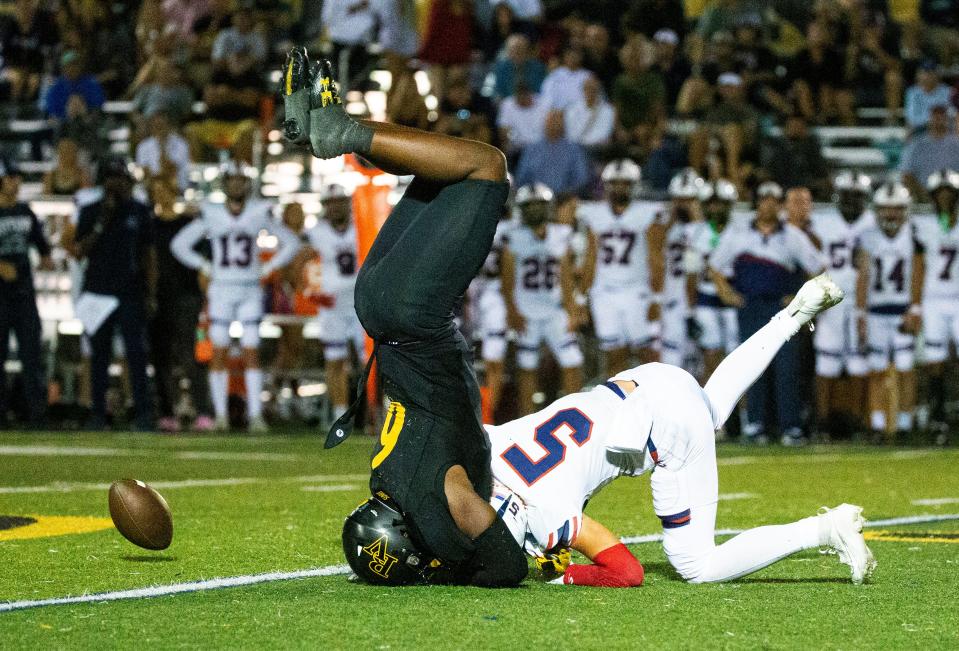 Jeremiah Dean of the Bishop Verot High School football team breaks up a pass intended for Owen Maurizi during a game against Estero High School at Bishop Verot on Friday, Oct. 27, 2023. Bishop Verot won 52-0.