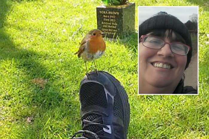 The little robin landed on Ms Robinson's foot as she grieved her young son's death. Source: Facebook