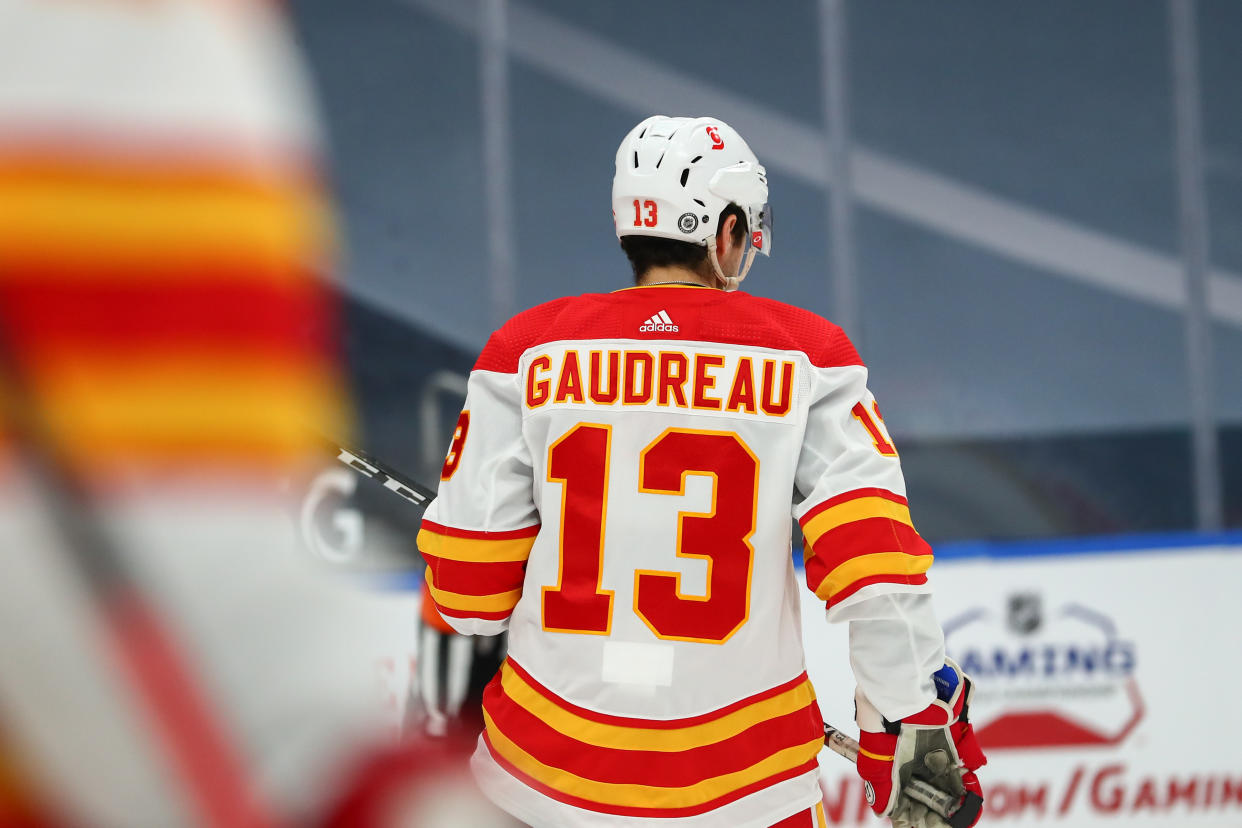 EDMONTON, AB - APRIL 02: Calgary Flames Left Wing Johnny Gaudreau (13) in action in the first period during the Edmonton Oilers game versus the Calgary Flames on APRIL 02, 2021 at Rogers Place in Edmonton, AB. (Photo by Curtis Comeau/Icon Sportswire via Getty Images)