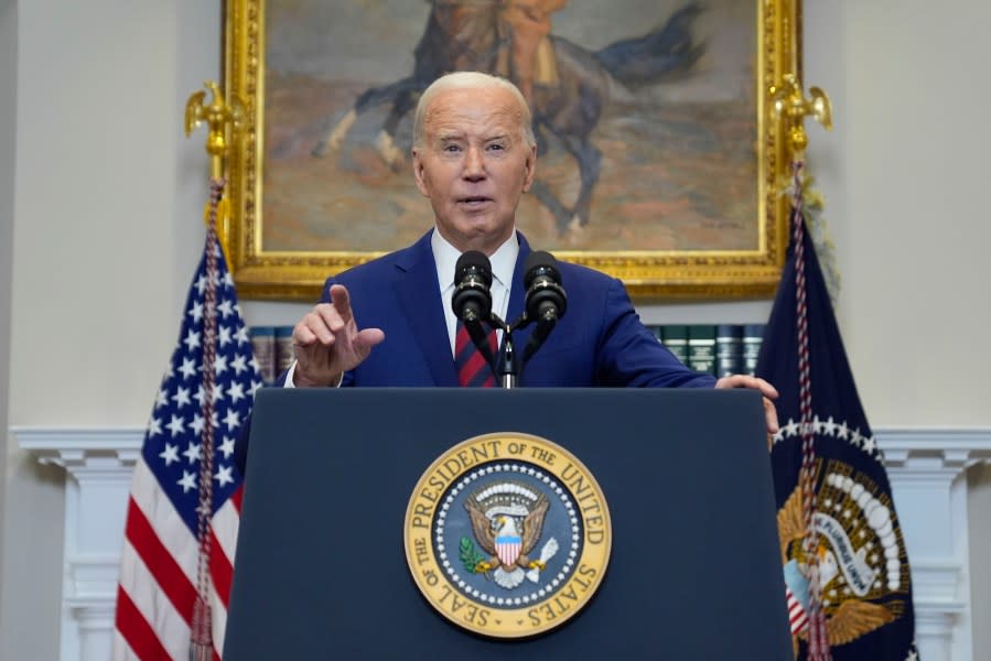 President Joe Biden delivers remarks on the Francis Scott Key bridge collapse in the Roosevelt Room of the White House, Tuesday, March 26, 2024, in Washington. (AP Photo/Evan Vucci)