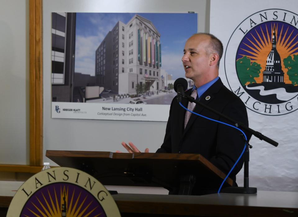 Lansing Mayor Andy Schor speaks Wednesday, Sept. 13, 2023, at the Masonic Temple Building about plans for the site to become Lansing's new city hall.