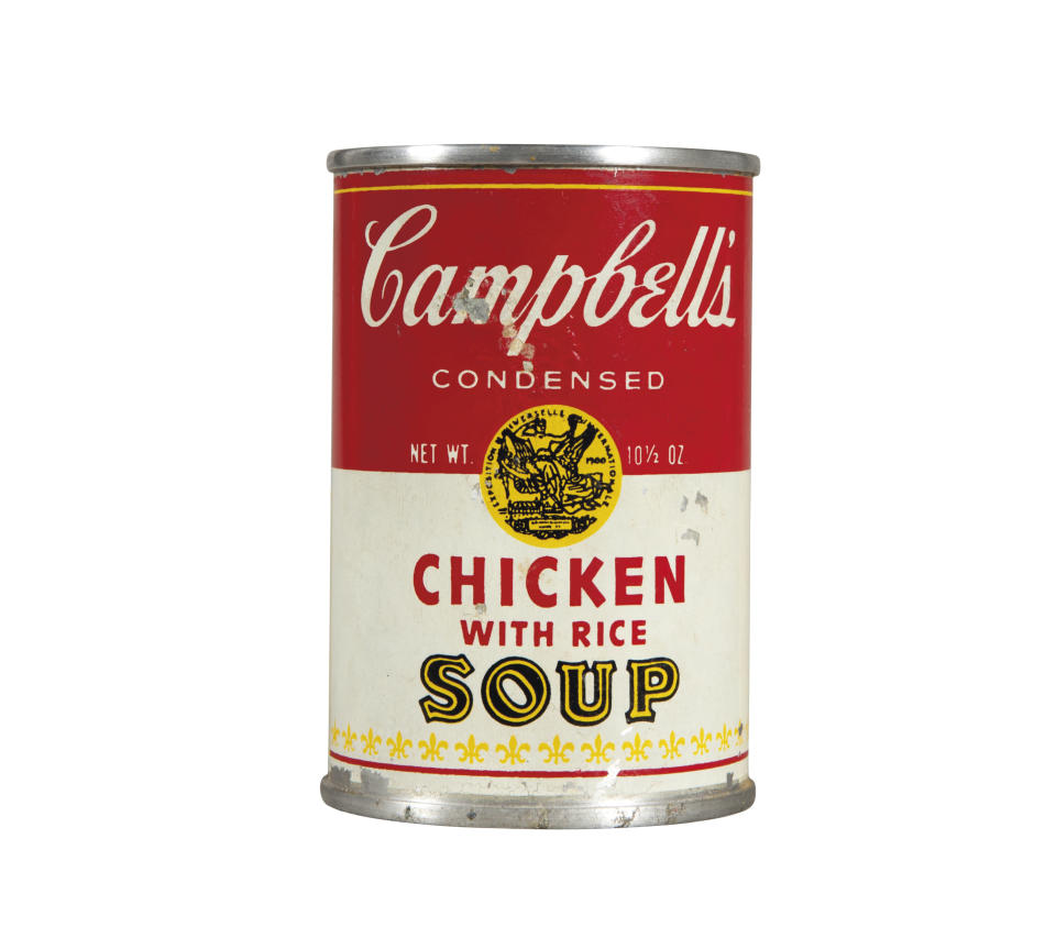 This undated photo provided by Christies's auction house in New York shows Andy Warhol's "Campbell's Chicken with Rice Soup," tin soup can filled with concrete, with a pre-auction estimate of $50,000-70,000. It is one of about 125 artworks being offered from Feb. 26 through March 5 in Christie's first online-only Warhol sale. The works can be previewed online prior to the sale. Bidders can browse, bid and receive instant updates by email or phone if another bid exceeds theirs. (AP Photo/Christie's)