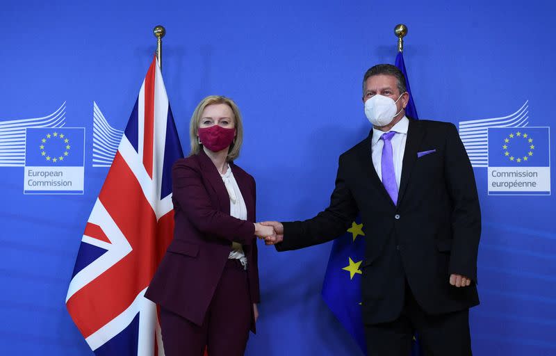 British foreign secretary Liz Truss and the EU commissioner Maros Sefcovic meet in Brussels