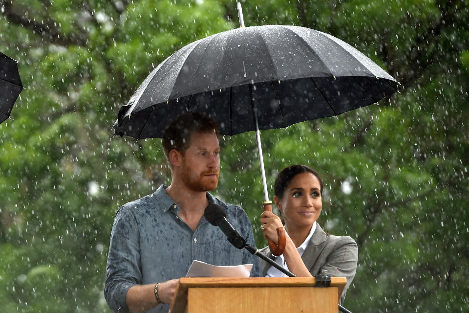 Later on in a heartfelt speech, Harry acknowledged the difficult times many farmers have gone through, but got rather drenched from an unexpected downpour. Source: AAP