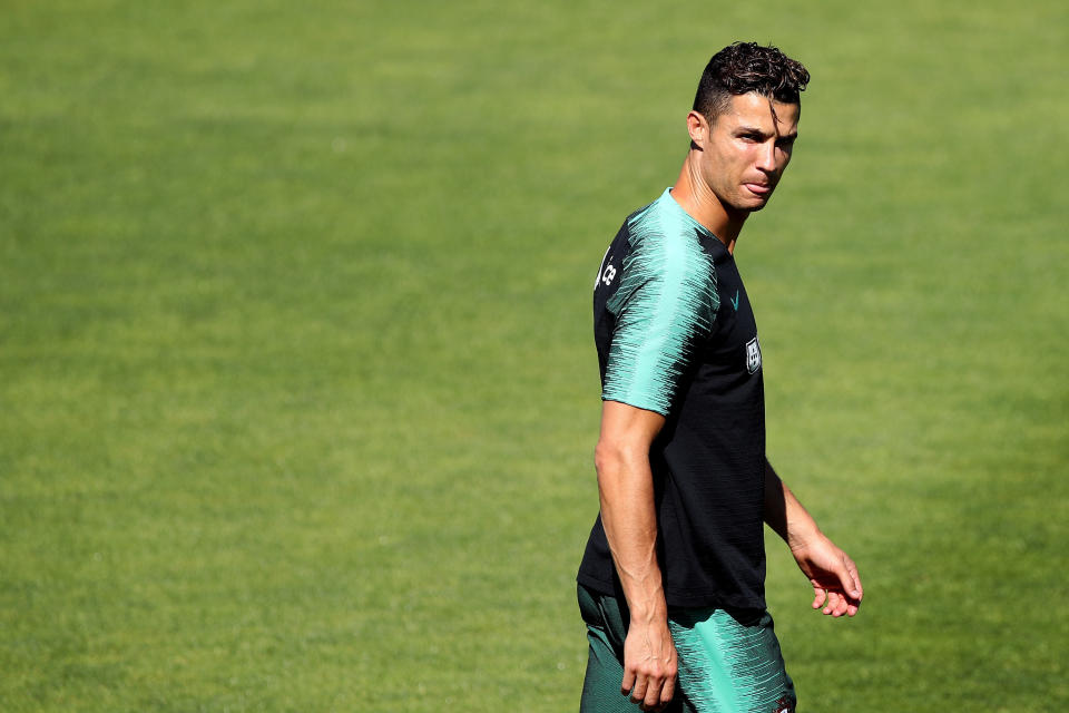 OEIRAS, PORTUGAL - MAY 29: Portugal's forward Cristiano Ronaldo looks on during a training session, at Cidade do Futebol (Football City) training camp in Oeiras, Portugal, on May 29, 2019, in preparation for the UEFA Nations League Finals in Porto and Guimaraes, north Portugal, from June 5 to 9.  (Photo by Pedro Fiúza/NurPhoto via Getty Images)