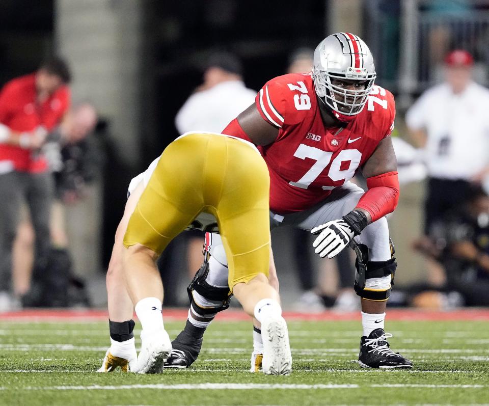 Ohio State offensive lineman Dawand Jones (79) lines up against Notre Dame on Sept. 6, 2022, in Columbus.