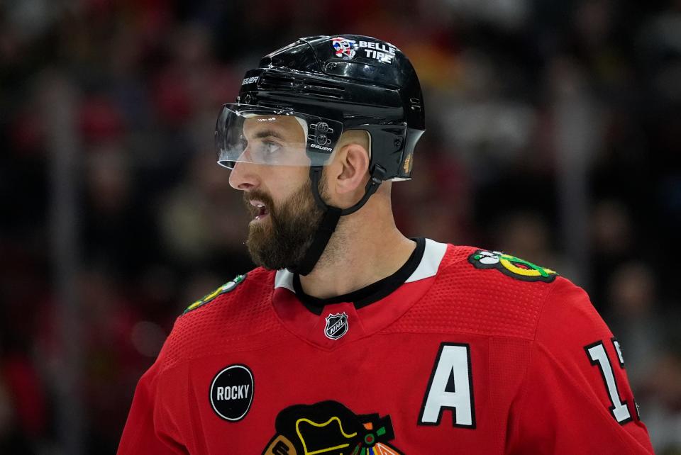 Chicago Blackhawks left wing Nick Foligno reacts after a penality is called on him during the second period of an NHL hockey game against the Vancouver Canucks, Tuesday, Feb. 13, 2024, in Chicago. (AP Photo/Erin Hooley)