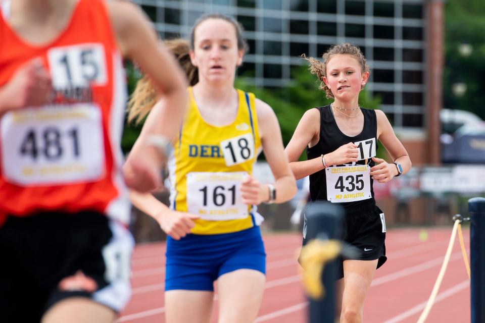 Quaker Valley's Cecilia Montagnese (435) competes in the 2A girls' 3200-meter run at the PIAA Track and Field Championships at Shippensburg University on Saturday, May 28, 2022. 