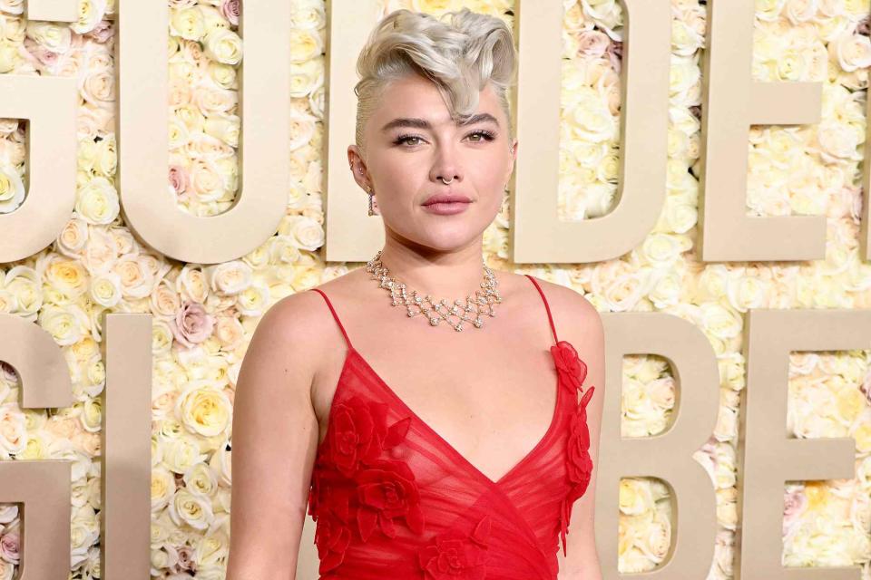 <p>Jon Kopaloff/WireImage</p> Florence Pugh at the 2024 Golden Globe Awards