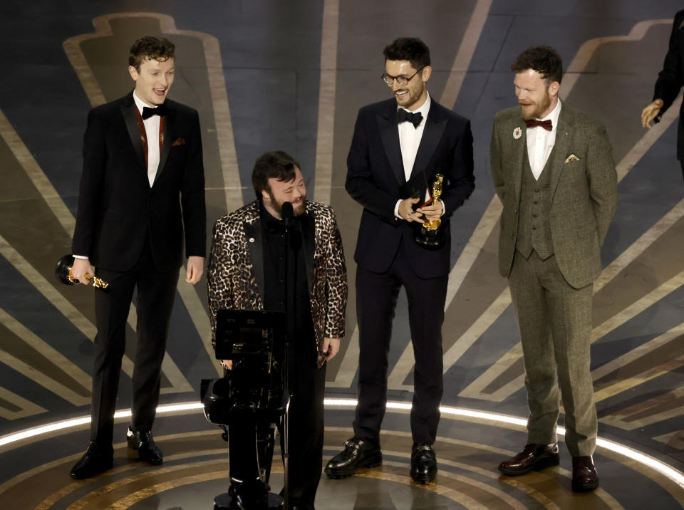 Ross White, James Martin, Tom Berkeley, and Seamus O'Hara accept Live Action Short Film for An Irish Goodbye onstage at the Academy Awards on March 12.