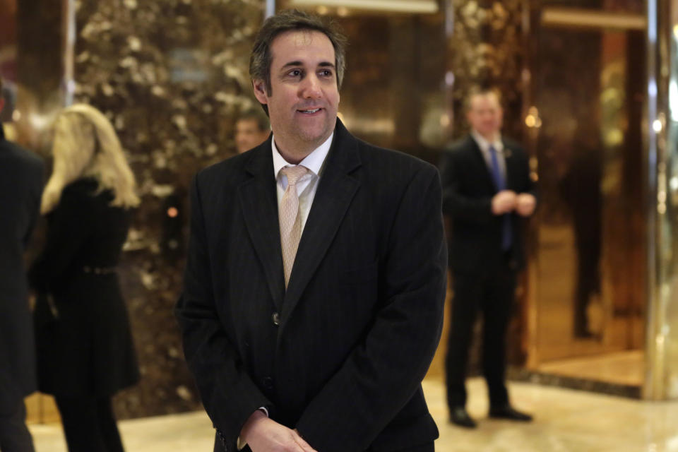 FILE - In this Dec. 16, 2016, file photo, Michael Cohen, then an attorney for President-elect Donald Trump, arrives in Trump Tower in New York. For Cohen and Donald Trump, it’s always been about money and loyalty. Those were guiding principles for Cohen when served as more than just a lawyer for Trump during the developer’s rise from celebrity to president-elect. (AP Photo/Richard Drew, File)