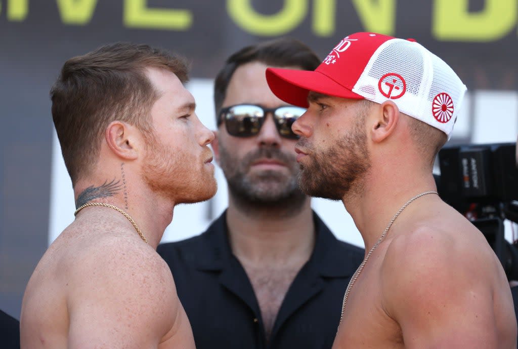 <p>Canelo y Saunders se enfrentarán en una exhibición que unificará tres de los cuatro títulos mundiales en la categoría de las 168 libras</p> (Getty Images)