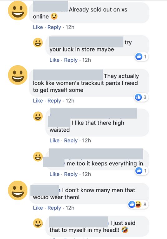 Screenshot of facebook comments about kmart mens interlock active trackpants