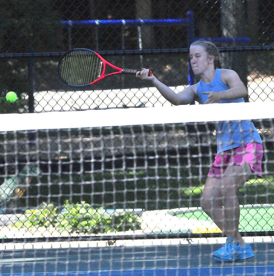 Simone Haynes returns the ball during the Times-Gazette Tennis Open Saturday, June 25, 2022 at Brookside Park's tennis courts.