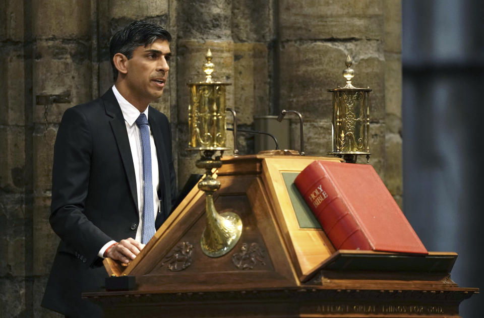 Britain's Prime Minister Rishi Sunak speaks, during the NHS anniversary ceremony at Westminster Abbey, part of the health service's 75th anniversary celebrations, in London, Wednesday, July 5, 2023. The U.K. is celebrating the 75th birthday of its beloved but increasingly creaky National Health Service. The date is being marked with charity tea parties, royal visits and a service of thanksgiving at London’s Westminster Abbey. (Jordan Pettitt/PA via AP)